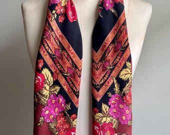Vintage Silk Scarf - Floral Wreath Ornate Paisley Border Scarf - Roses & Daisies 1960’s Scarf or Head Scarf Pink Black Red Green