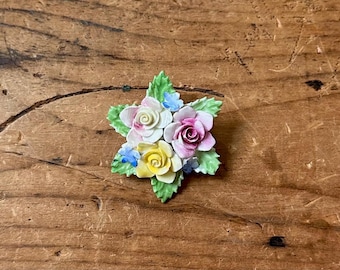 Vintage Royal Adderley Floral Porcelain Bone China Brooch, Made in England Flower Leaf, Pink Green Yellow Blue Pin, Bouquet English