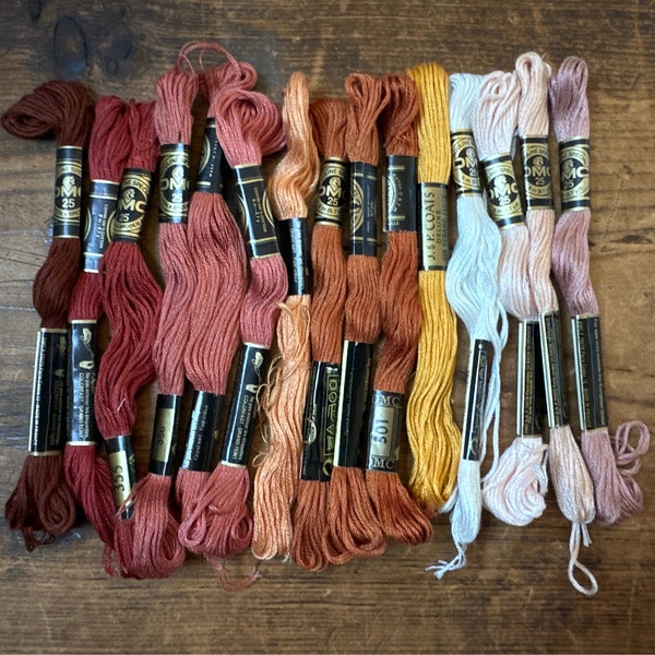 Lot of New and Vintage Embroidery Floss - 15 Skeins - Brown Tan Mauve White Pink Peach, Assortment of Warm Skin Tone Colors