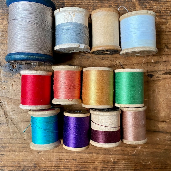 Vintage Wooden Spools - Lot of 12 with Rainbow Assortment of Threads, Cotton and Silk Antique Sewing Notion