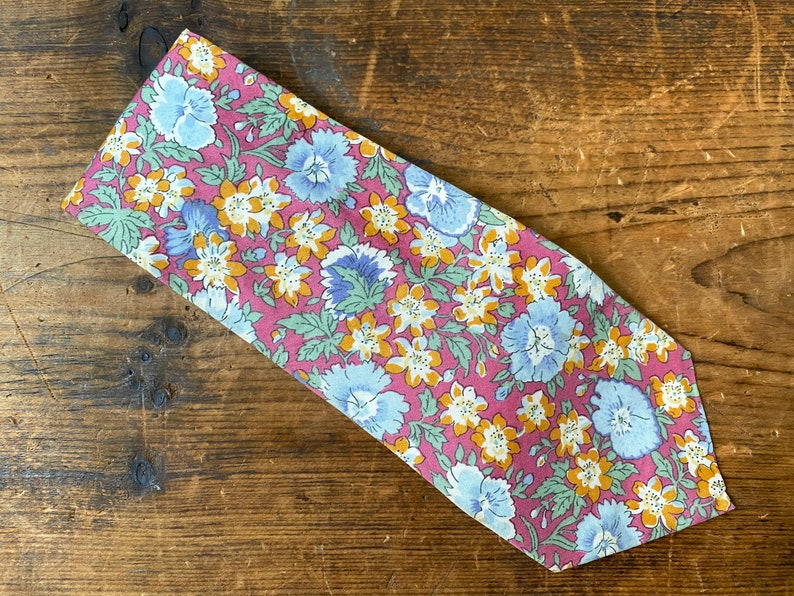 Vintage Liberty of London Cotton Neck Tie Pink Orange Periwinkle Blue Floral Necktie, Vintage Wedding, Special Tie or Gift Unique image 1