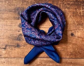 Vintage Silk Scarf - Made in Italy, Huge Navy Blue Paisley Classic Print - Hand blocked Screen Printed Silk