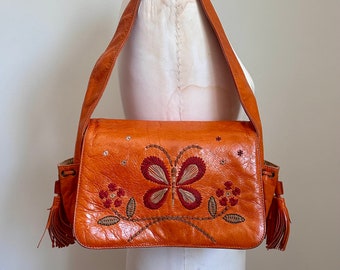 Vintage Francesco Biasia Orange Leather Shoulder Bag - Y2K Embroidered Butterfly Daisy Floral Pattern, Early 2000’s