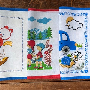 Three Vintage Children’s Handkerchiefs - Lot of 3 Colorful Kids Hankies, Car, Bears, Woods, Rocking Horse, Red and Blue 1950’s