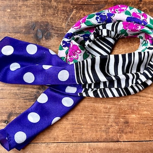 Vintage Silk Echo Scarf - Long Multi Pattern, Floral, Stripes and Polka Dots - 1980’s Pink and Purple Headband Scarf