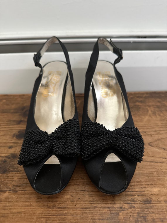 Vintage Salvatore Ferragamo Black Satin Peep Toe H