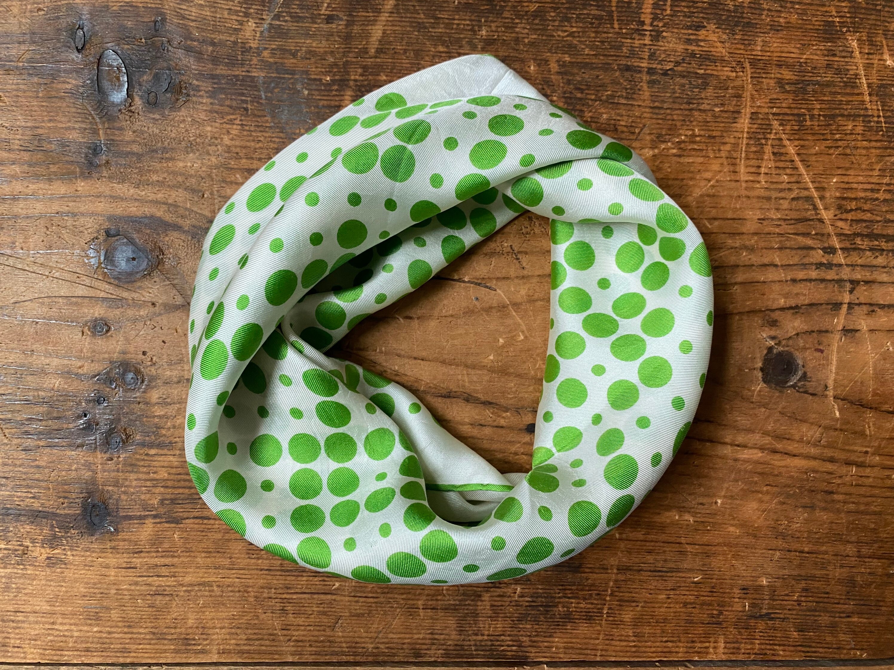 Vintage Silk Green and White Polka Dot Scarf, 1960's Pin up Style