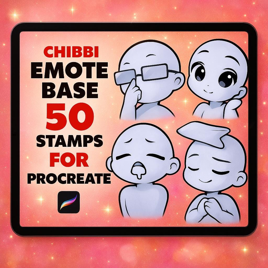 50 Chibi Emote Stamp Brushes for Procreate – Cute Twitch Emote Base Set for Streamers & Artists