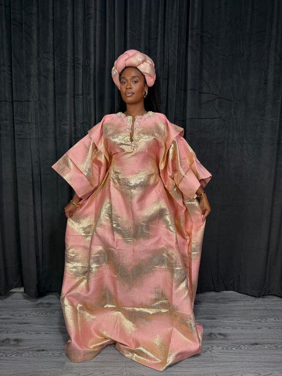 African Brocade Bubu Maxi Dress with Headpiece