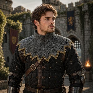May include: A man in medieval attire, featuring a chainmail collar with gold accents over a black quilted jerkin. The outfit includes leather straps and armor, set against a castle backdrop.