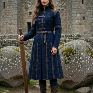 Men’s Long Navy Medieval Gambeson Coat with Leather Belt