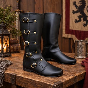 May include: A pair of black knee-high boots featuring five horizontal straps with gold-toned metal buckles and rivets along the outer side of the shaft. The boots have a smooth finish, a rounded toe, and a flat sole, extending up to the mid-calf area.