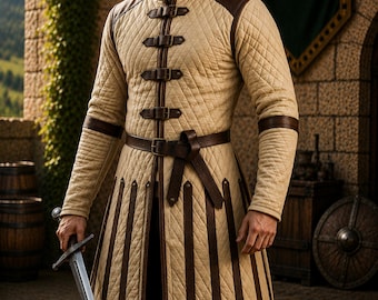 May include: A beige quilted long-sleeved tunic featuring dark brown leather-like trim, vertical panels, and four horizontal buckle straps across the chest. A dark brown leather belt is fastened at the waist, and a metal sword is held in one hand.
