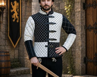 Men's Black White Medieval Gambeson – Quilted Arming Jacket for LARP, Cosplay & Reenactment
