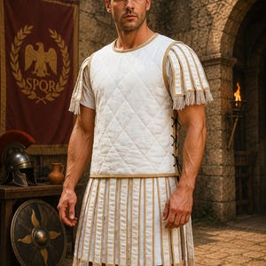 May include: A white quilted vest with tan trim and side lacing, worn over a white t-shirt. The garment features layered shoulder flaps with fringe and a matching skirt-like lower section with vertical panels and fringe trim at the hem.