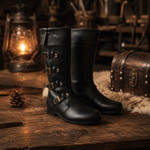May include: A pair of black leather boots with multiple gold-colored buckles and straps. The boots have a tall shaft and a flat sole. The boots are displayed on a wooden surface.
