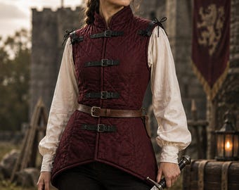 May include: A quilted burgundy vest featuring a high collar, multiple black leather buckle straps across the front, and a brown leather waist belt. The vest is worn over a cream-colored long-sleeved shirt with cuffed sleeves and dark trousers.