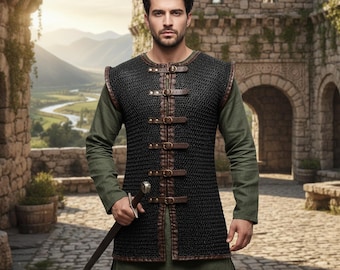 Camisa de malla medieval – Armadura LARP de acero remachada plana con cuero marrón Regalo de Pascua
