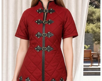 Medieval Padded Gambeson, Red Color with Black Leather Gambeson Renfaire Costume Halloween Gifts