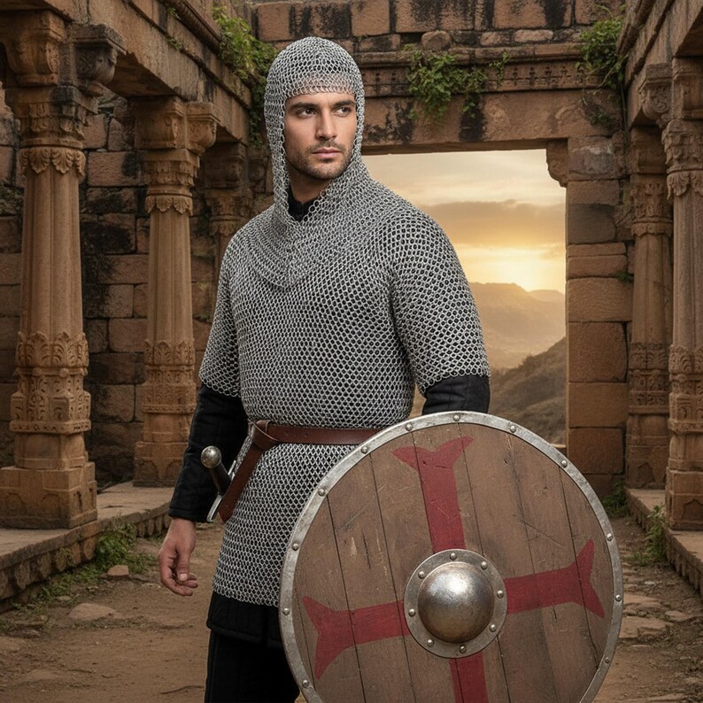 Haubergeon de cota de malla de aluminio con cofia / Armadura para LARP y cosplay del Día de Pascua imagen 8