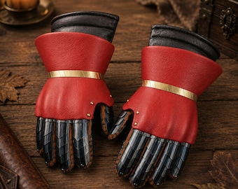 Red & Black Leather Gauntlets – Medieval Finger Armor Gloves
