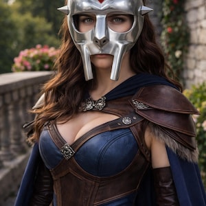 May include: A woman wearing a silver mask with a red gem, and a brown and blue leather costume. The mask has a distinctive design with a nose and mouth piece. The costume includes a cape and decorative metal accents, creating a fantasy or cosplay theme.