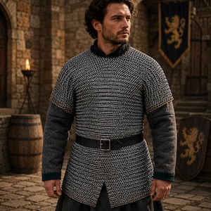 Puede incluir: Una cota de malla medieval con cinturón y hebilla de cuero negro. La camisa se lleva sobre una prenda gris de manga larga. El fondo incluye un edificio de piedra, barriles de madera y una pancarta con un emblema de león dorado.