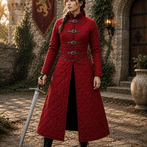 May include: A long, quilted red coat featuring a high collar, long sleeves, and a front closure with four dark brown leather straps and metal buckles. The coat is worn over black trousers and black lace-up boots, while holding a long metal sword.