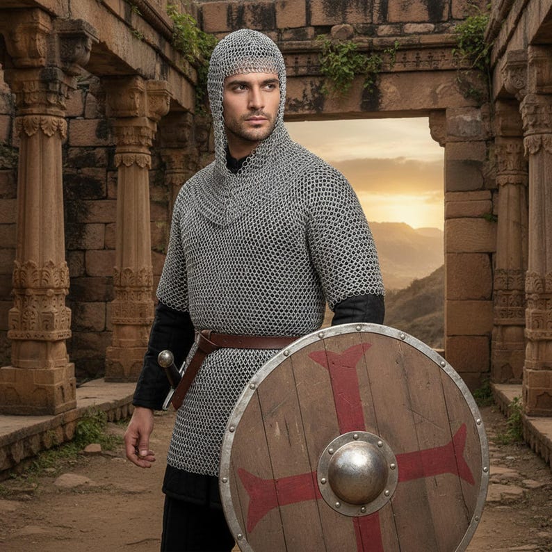 Haubergeon de cota de malla de aluminio con cofia / Armadura para LARP y cosplay del Día de Pascua imagen 5