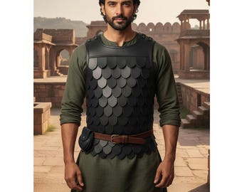 Medieval Scale Armor Vest – Genuine Leather LARP Warrior Costume for Ren Fair Cosplay