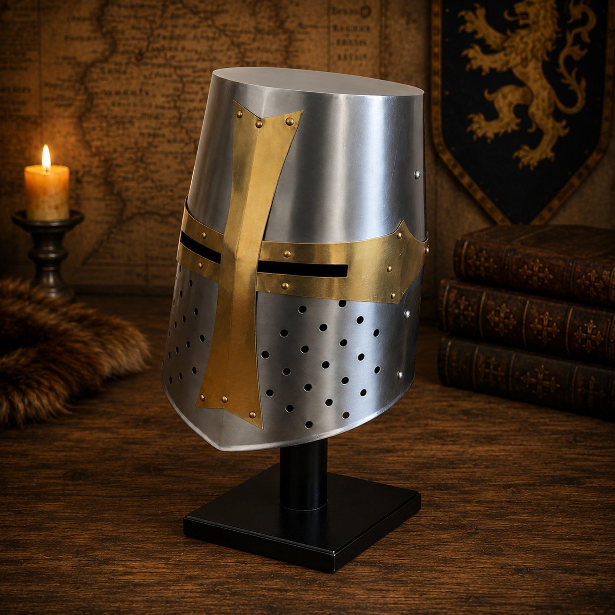 Steel Medieval Helm Brass Templar Crusader Knight Helmet, Wearable Armor