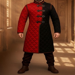 Medieval Red & Black Padded Gambeson Coat – Long LARP Armor Tunic with Buckle Closures