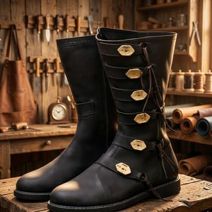 May include: A pair of black leather boots with gold-colored decorative clasps and straps. The boots are knee-high and have a rugged, handcrafted appearance. They are displayed on a wooden surface, suggesting a workshop setting.