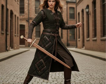 Medieval cotton Padded Gambeson Brown Leather Trim, Cotton Armor for events Easter Day Gift