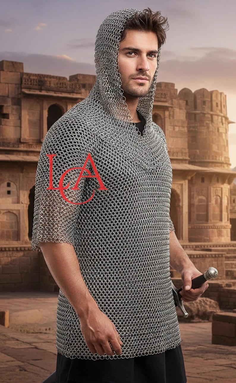 Haubergeon de cota de malla de aluminio con cofia / Armadura para LARP y cosplay del Día de Pascua imagen 3