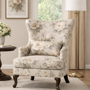 Floral Wingback Accent Chair: Teak Wood Frame, Velvet Fabric, Hand-Chiselled Detailing