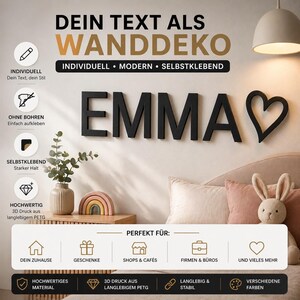 Könnte beinhalten: Schwarze 3D-Wanddekoration mit dem Schriftzug "EMMA" und einem Herzsymbol. Der Text "DEIN TEXT ALS WANDDEKO" steht über dem Namen. Das Bild enthält auch den Text "INDIVIDUELL", "MODERN" und "SELBSTKLEBEND".