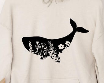 Whale Floral Hoodie: Cotton-Blend Pullover - Nature Lover Gift