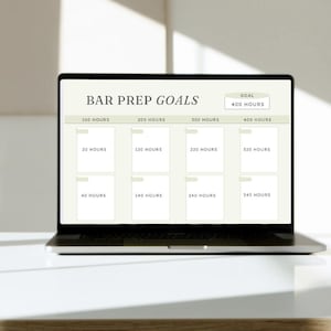 Puede incluir: Un portátil muestra un gráfico de "BAR PREP GOALS" con incrementos de tiempo de 20 a 400 horas. La pantalla está sobre un fondo claro, con el portátil sobre una superficie blanca.