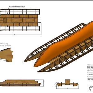 Könnte beinhalten: Technische Zeichnung eines Cozy F1 T800 Boots, mit verschiedenen Ansichten und Abmessungen in Millimetern. Das Design umfasst einen orangefarbenen Rumpf und eine Holzrahmenstruktur. Das Bild liefert detaillierte Spezifikationen.