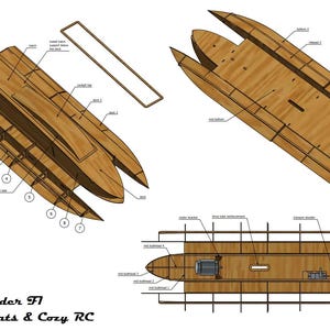 Puede incluir: Diagrama de un modelo de barco de madera, etiquetado como "Mini Thunder F1", con varias piezas identificadas. La imagen muestra múltiples vistas de los componentes del barco, incluyendo el casco, la cubierta y las estructuras internas. El diseño es para un barco radiocontrolado.