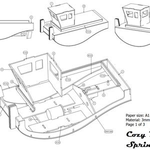 Puede incluir: Dibujo lineal en blanco y negro de un remolcador Springer Cozy RC. La imagen muestra múltiples vistas del diseño del barco, incluida una vista explosionada. El texto de la imagen indica que el tamaño del papel es A1 y el material es contrachapado de 3 mm a 4 mm.