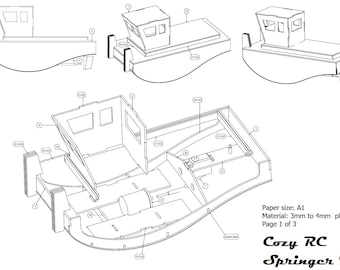 Plano de barco RC para principiantes - Remolcador Springer PDF + archivos cortados con láser Lightburn - Construcción fácil en madera