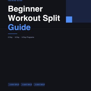 May include: A dark navy blue training guide titled Beginner Workout Split Guide in white and blue text. It lists 2-Day, 3-Day, and 5-Day programs, with additional buttons at the bottom for 2-Day Split, 3-Day Split, and 5-Day Split.