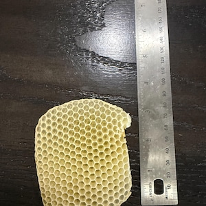 May include: A light yellow, hexagonal honeycomb section positioned next to a metal ruler. The ruler shows the honeycomb piece measures approximately 3.5 inches in height and 2.5 inches in width, displaying a clear, repeating geometric pattern.