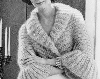 INSTANT PDF PATTERN 1960s Vintage Knitting Pattern Shrug Sweater Jacket Lovely Shawl Collar Bell Sleeves Day or Evening Unique Knit Pattern