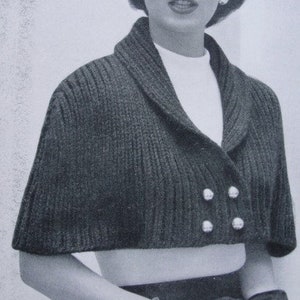 Téléchargement instantané modèle années 1950 belle Cape étole Wrap PDF modèle de tricot chic col châle devant bouton Capelet