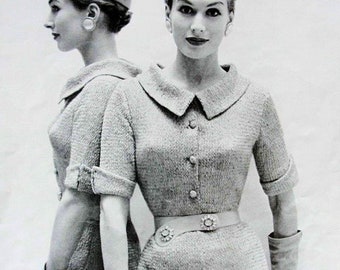 INSTANT PDF 1950s Vintage Ribbon Knitting Pattern Figure Show Off Knit Dress Stand Up Collar Retro Style