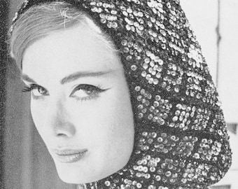 INSTANT DOWNLOAD  PDF 1960 Vintage Knit Pattern Flirty Sequin Hood Hat Pattern Fun 60s Ski Resort Fashion Pattern