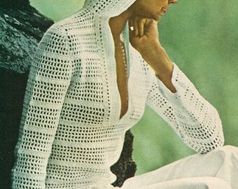 70s INSTANT  PDF PATTERN Vintage Filet Mesh Lace Crochet Hooded Summer Pullover Top Sweater Plunging Neckline Beach Bathing Suit Coverup